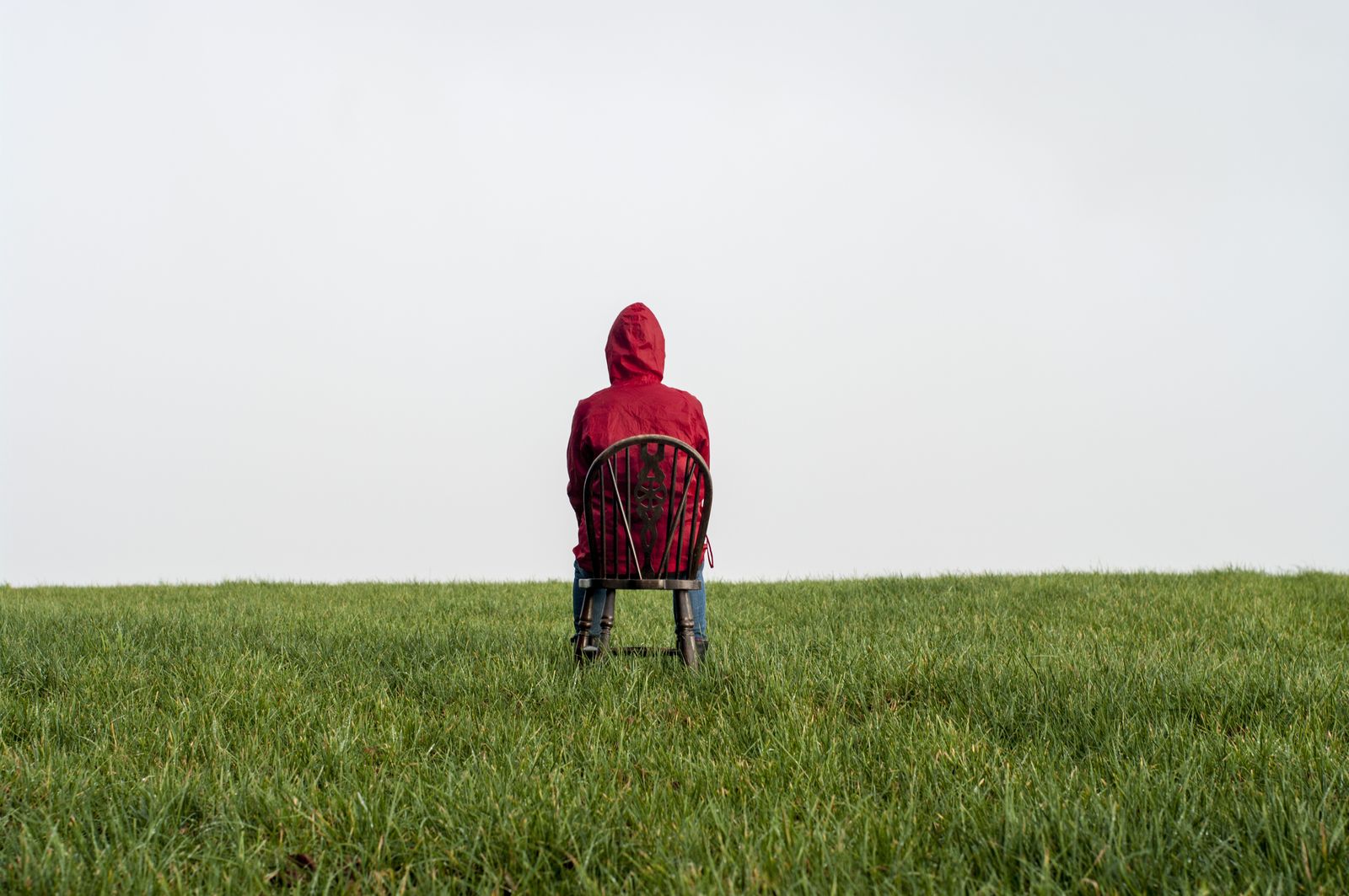 The figure seated in a green field under a white sky