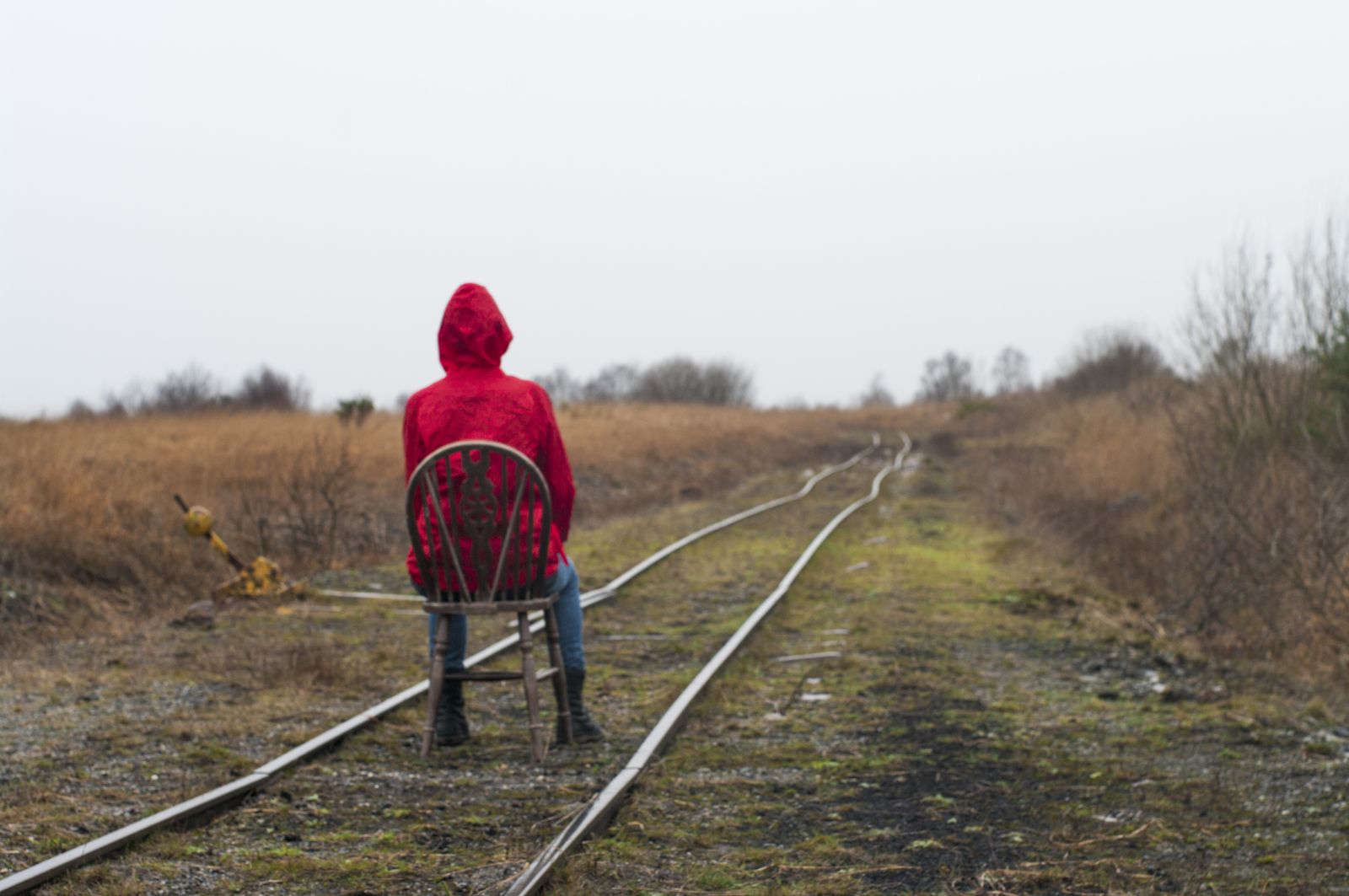 The figure sits between the rails of a narrow-gauge bog railway