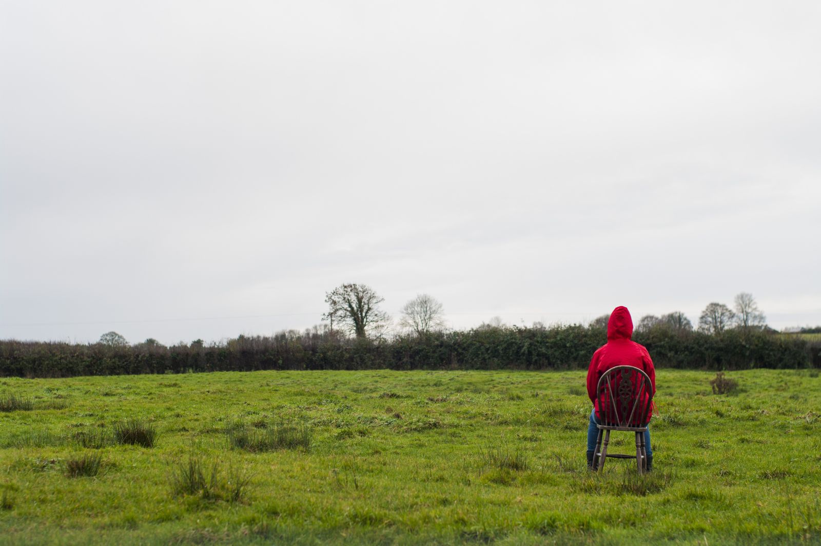 The figure sits in a wide meadow with hedges behind
