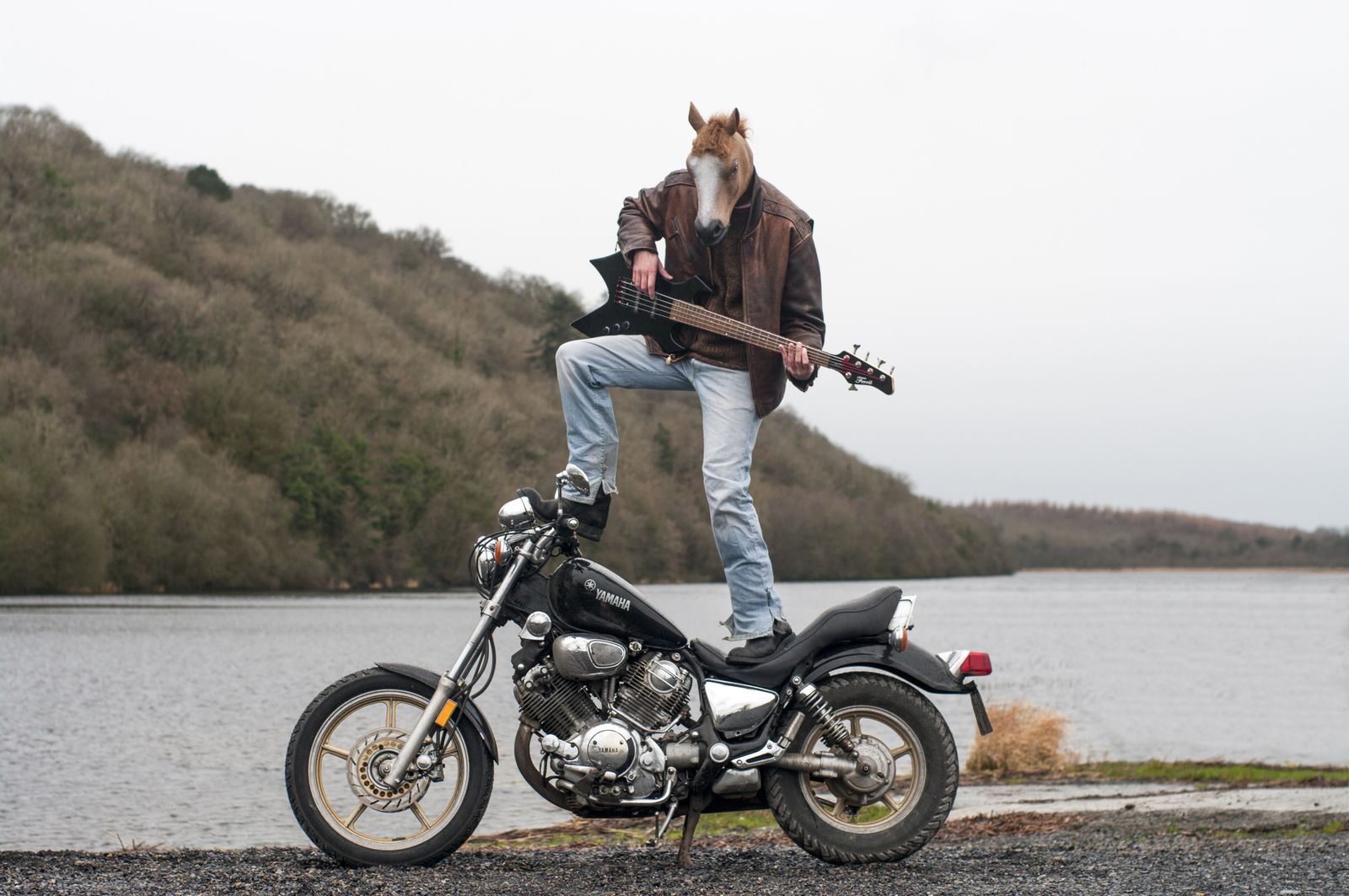 El caballo toca el bajo de pie sobre una moto, junto a un lago